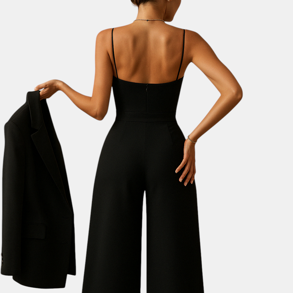 Dames zomer jumpsuit met verstelbare bandjes en lichte stof, perfect voor warme dagen en feestelijke gelegenheden.