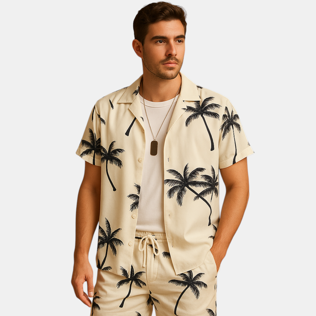 Zomerset voor heren met tropische palmbomen- en verenprint, perfect voor zonnige vakantiedagen en zomerse uitstapjes.