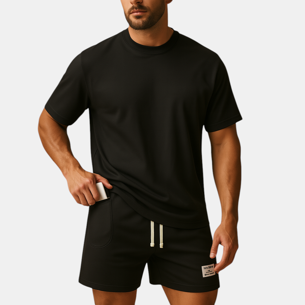 Herenset met T-shirt en korte broek in minimalistisch design, perfect voor loungen, thuisgebruik of zomerse uitstapjes.