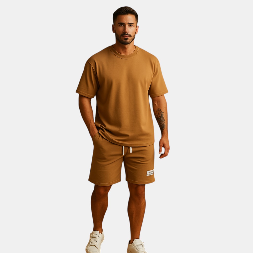 Herenset met T-shirt en korte broek in minimalistisch design, perfect voor loungen, thuisgebruik of zomerse uitstapjes.