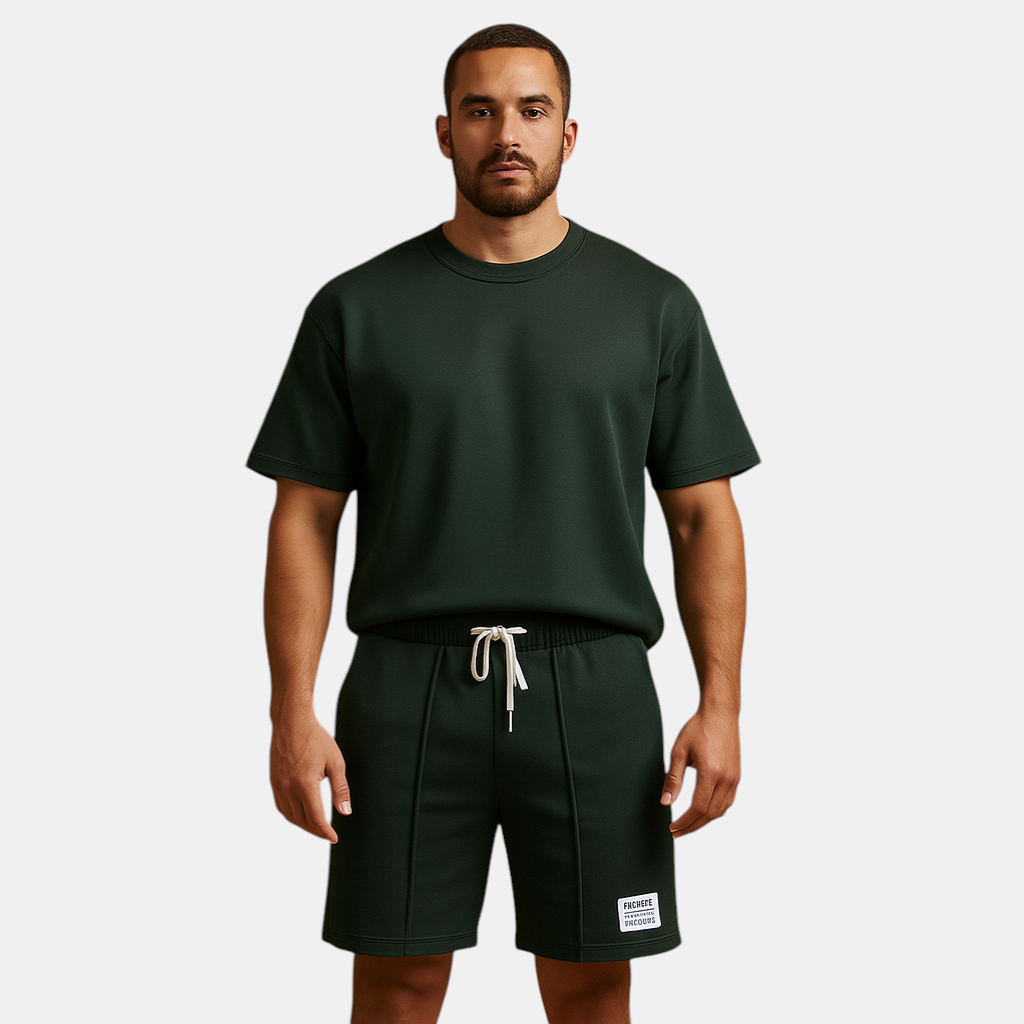 Herenset met T-shirt en korte broek in minimalistisch design, perfect voor loungen, thuisgebruik of zomerse uitstapjes.