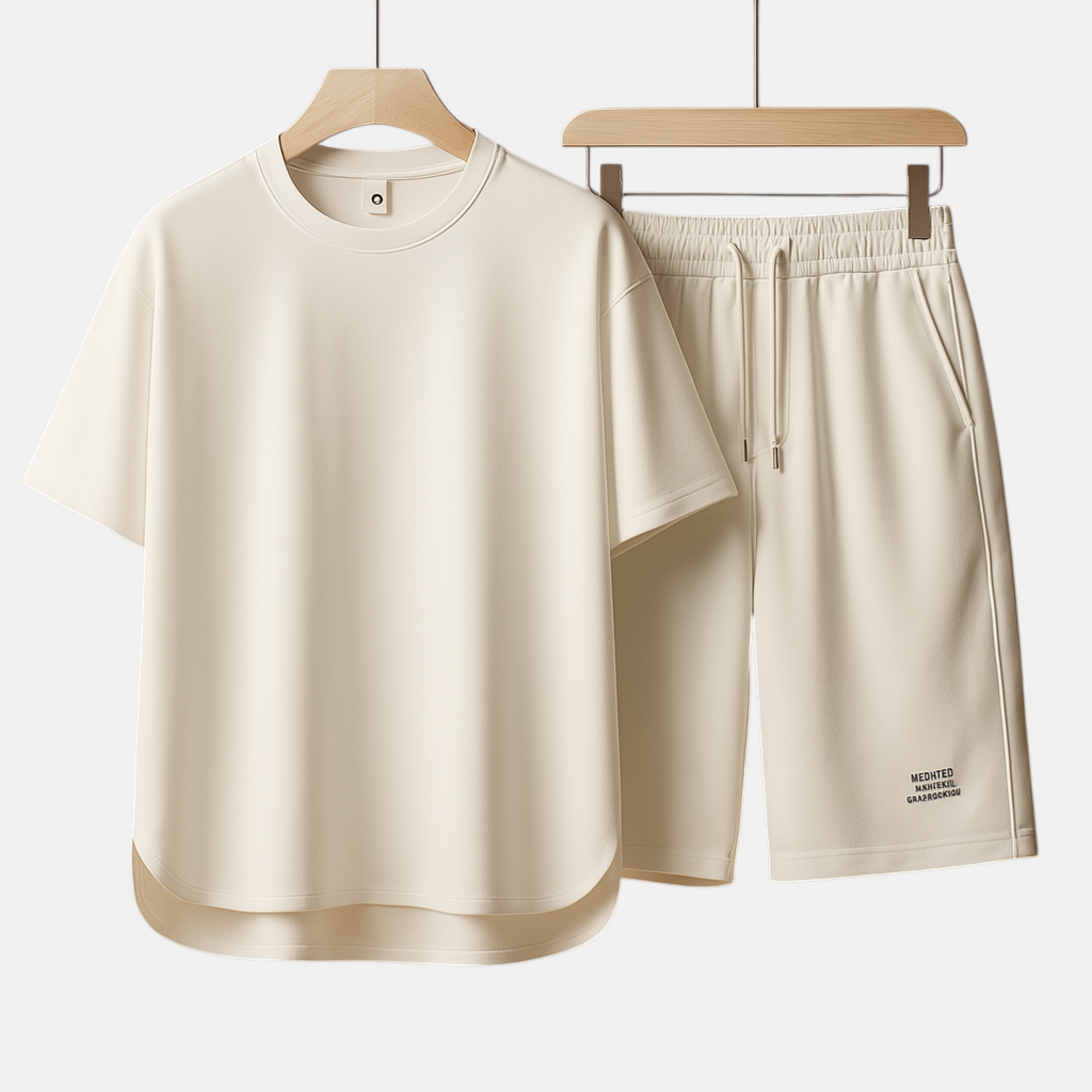 Herenset met T-shirt en korte broek in minimalistisch design, perfect voor loungen, thuisgebruik of zomerse uitstapjes.