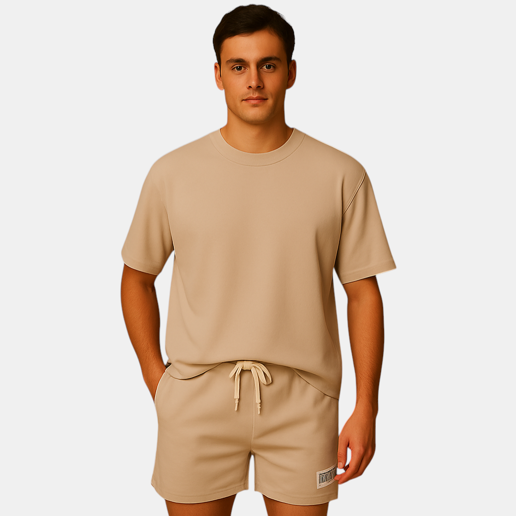 Herenset met T-shirt en korte broek in minimalistisch design, perfect voor loungen, thuisgebruik of zomerse uitstapjes.