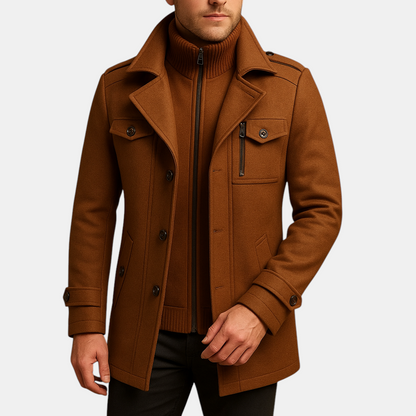 Winterjas voor heren met tweedelig ontwerp, slanke pasvorm en hoogwaardige afwerking, perfect voor formele en casual gelegenheden.