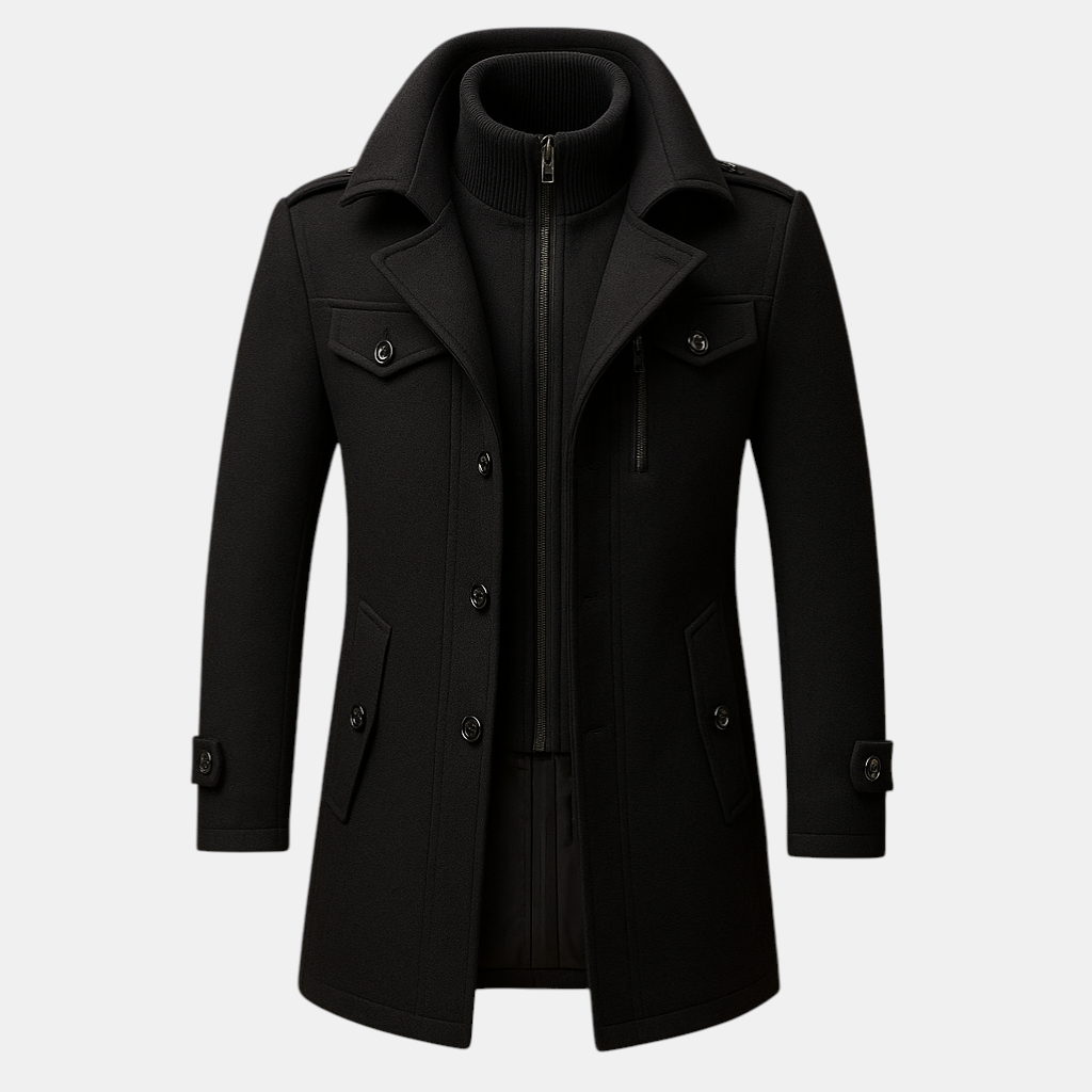 Winterjas voor heren met tweedelig ontwerp, slanke pasvorm en hoogwaardige afwerking, perfect voor formele en casual gelegenheden.