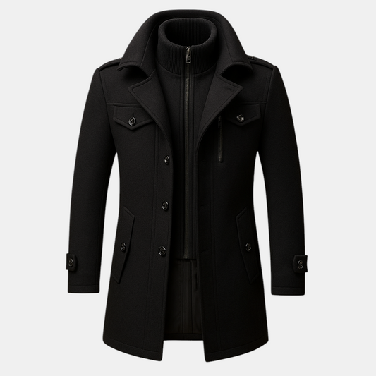 Winterjas voor heren met tweedelig ontwerp, slanke pasvorm en hoogwaardige afwerking, perfect voor formele en casual gelegenheden.