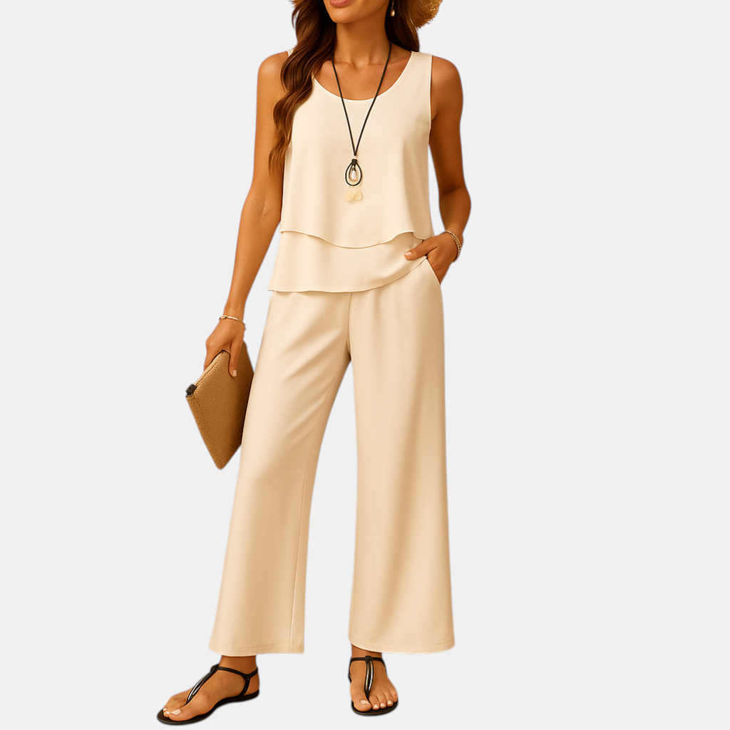 Stijlvolle dames zomerset met mouwloze top en ademende broek voor een luchtige look