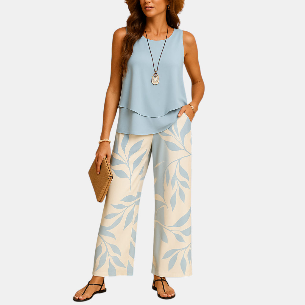 Elegante tweedelige zomerrok collectie met mouwloze top en luchtige broek voor warme dagen
