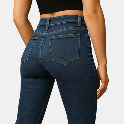 Uitlopende jeans met hoge taille voor dames in stretchdenim, ideaal voor casual en elegante outfits.