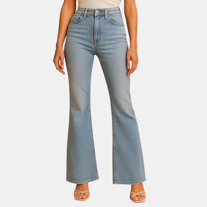 Uitlopende jeans met hoge taille voor dames in stretchdenim, ideaal voor casual en elegante outfits.