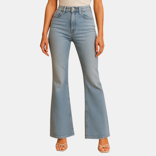Uitlopende jeans met hoge taille voor dames in stretchdenim, ideaal voor casual en elegante outfits.