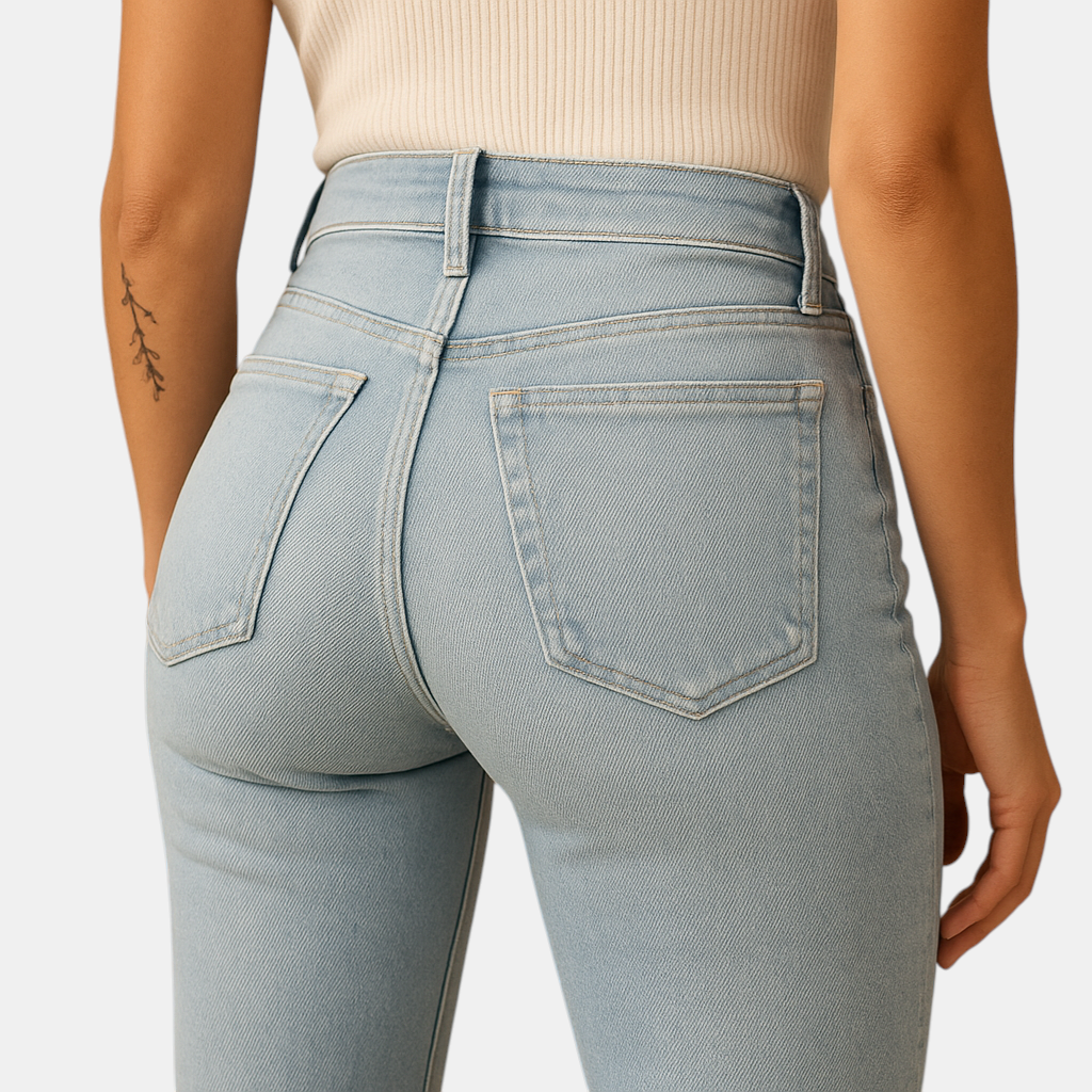 Uitlopende jeans met hoge taille voor dames in stretchdenim, ideaal voor casual en elegante outfits.