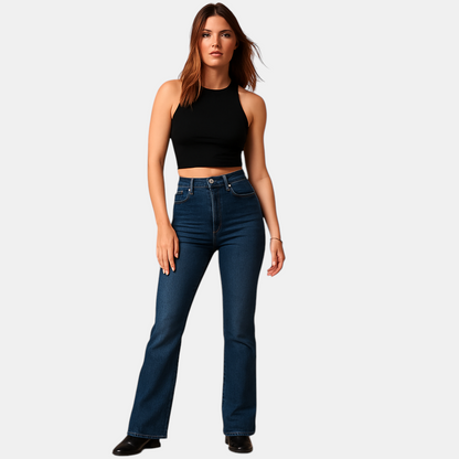 Uitlopende jeans met hoge taille voor dames in stretchdenim, ideaal voor casual en elegante outfits.