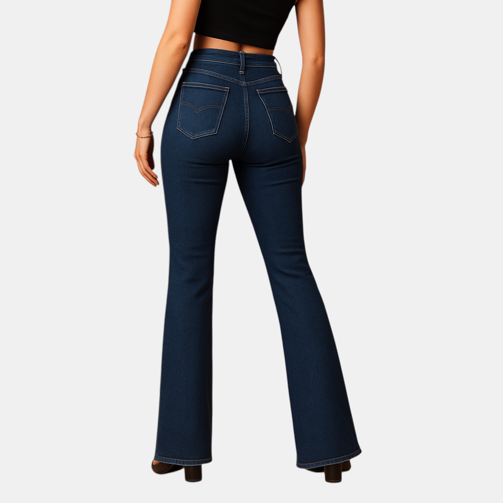 Uitlopende jeans met hoge taille voor dames in stretchdenim, ideaal voor casual en elegante outfits.