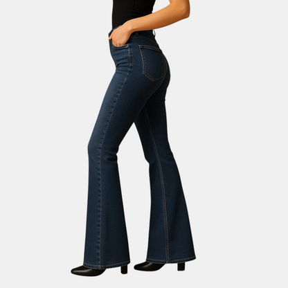Uitlopende jeans met hoge taille voor dames in stretchdenim, ideaal voor casual en elegante outfits.