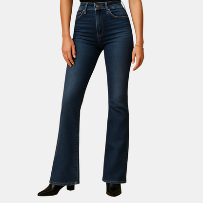 Uitlopende jeans met hoge taille voor dames in stretchdenim, ideaal voor casual en elegante outfits.
