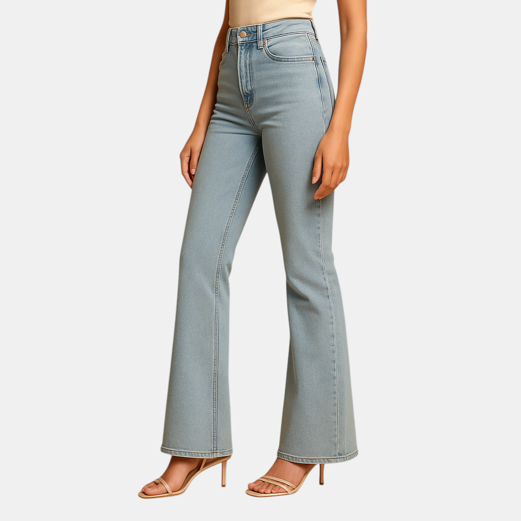 Uitlopende jeans met hoge taille voor dames in stretchdenim, ideaal voor casual en elegante outfits.