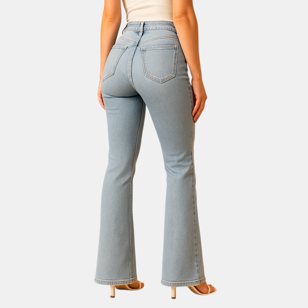 Uitlopende jeans met hoge taille voor dames in stretchdenim, ideaal voor casual en elegante outfits.
