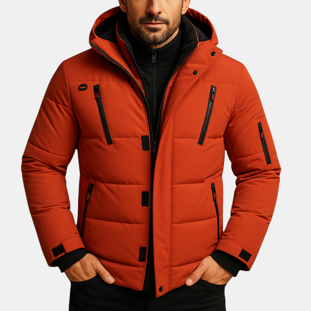 Heren winterjas met waterdichte buitenlaag, warme voering en verstelbare capuchon, geschikt voor regen, kou en dagelijks gebruik.