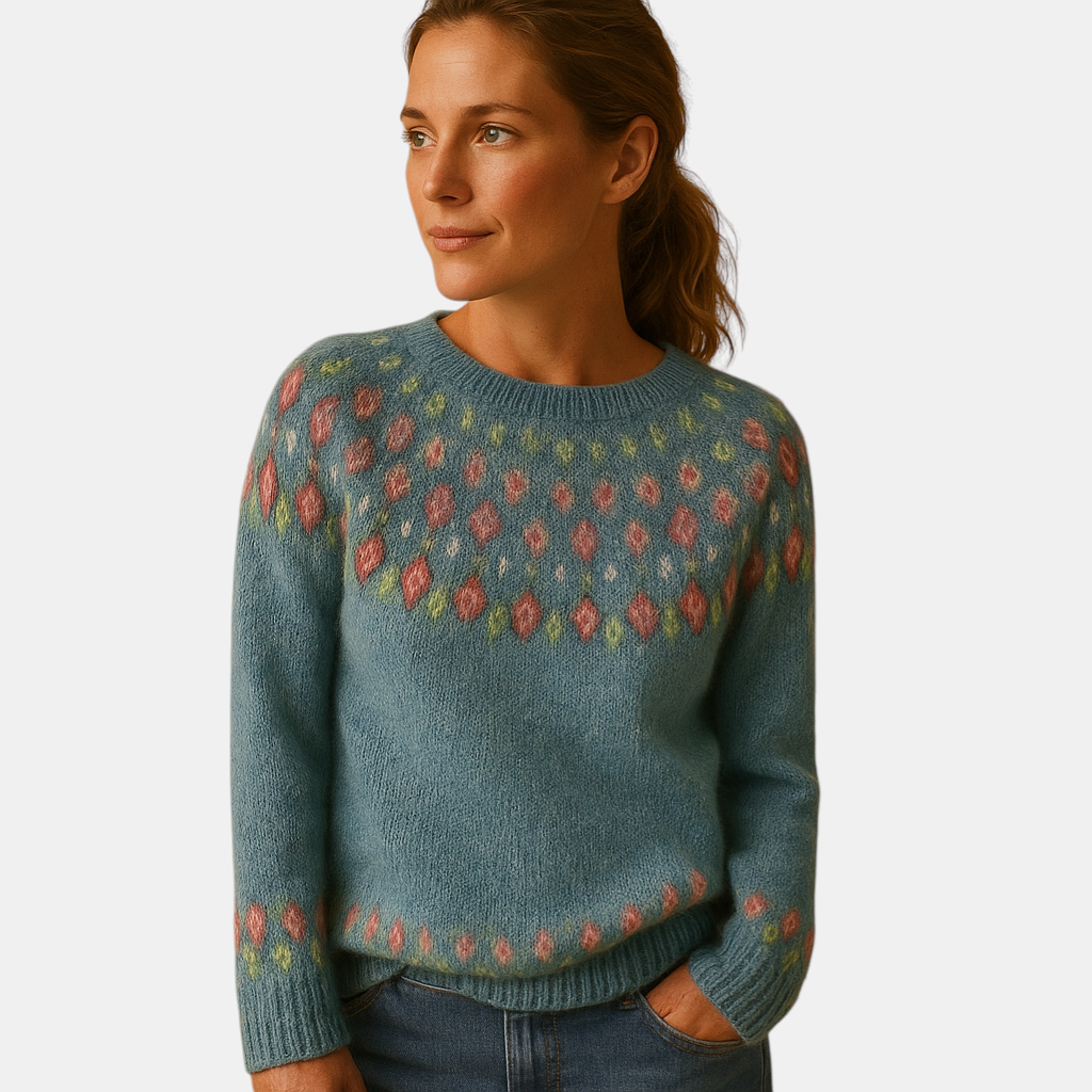 Wollen damestrui met unieke print en comfortabele pasvorm, geschikt voor casual en chique winterlooks.