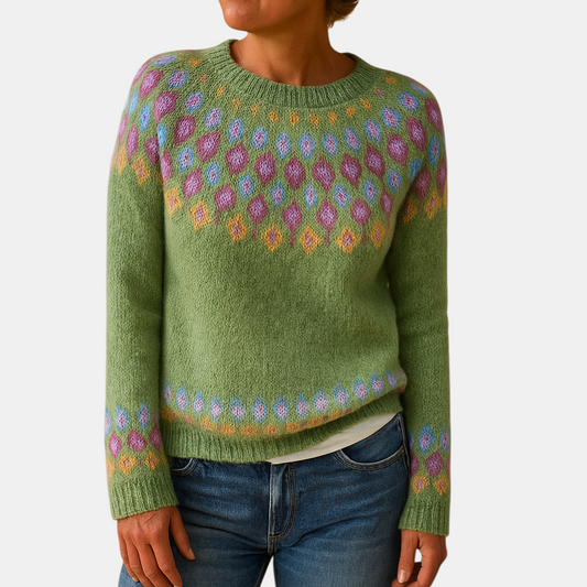 Wollen damestrui met unieke print en comfortabele pasvorm, geschikt voor casual en chique winterlooks.