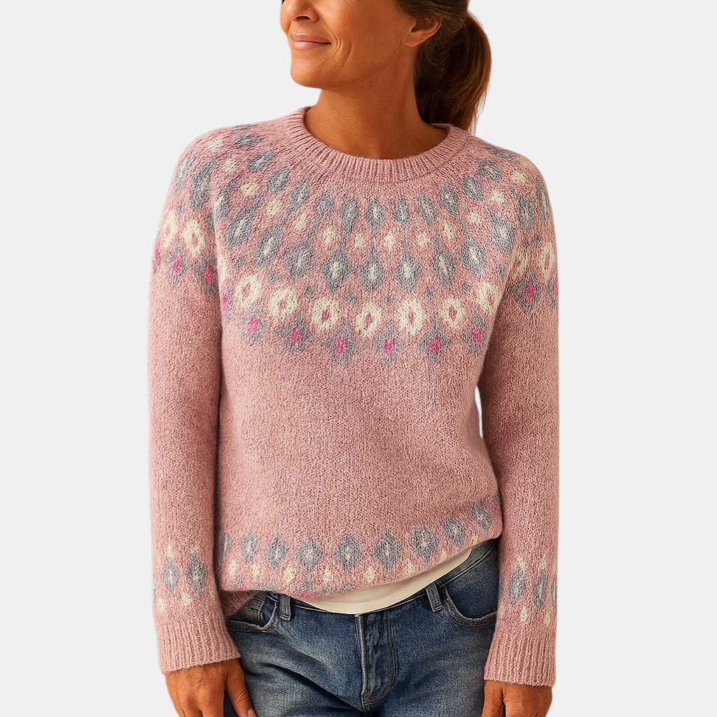 Wollen damestrui met unieke print en comfortabele pasvorm, geschikt voor casual en chique winterlooks.