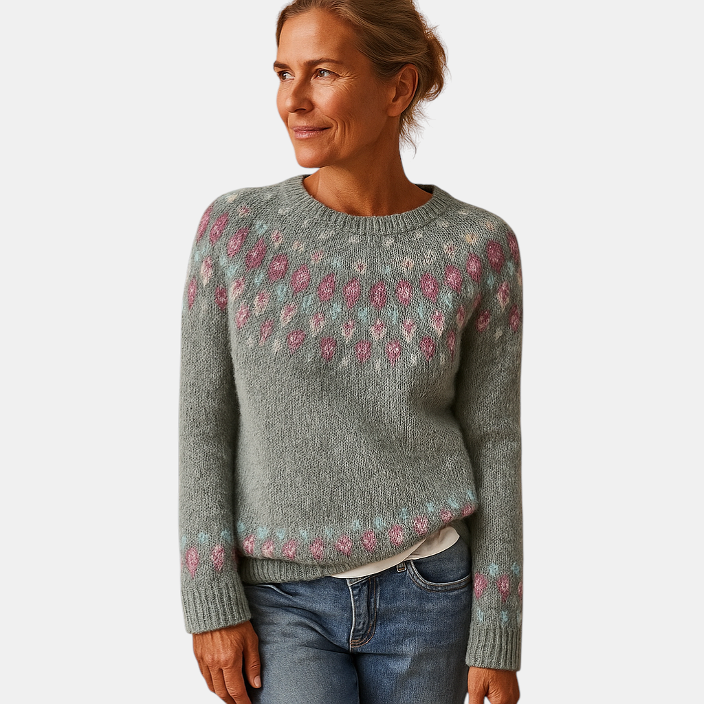 Wollen damestrui met unieke print en comfortabele pasvorm, geschikt voor casual en chique winterlooks.