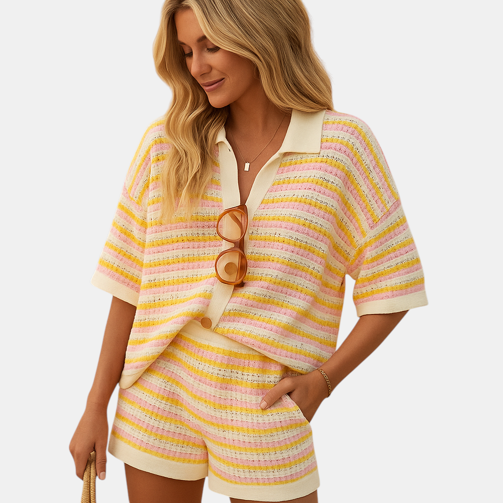Luxe gestreepte zomerset set voor vrouwen met blouse en high waist korte broek