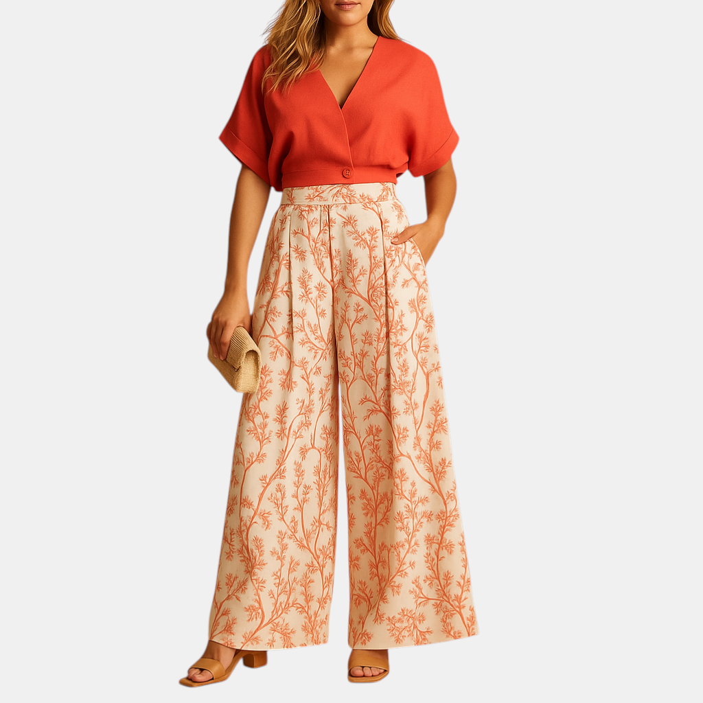 Luxurious wide-leg bloom print pants as part of a two-piece set for a light summer outfit