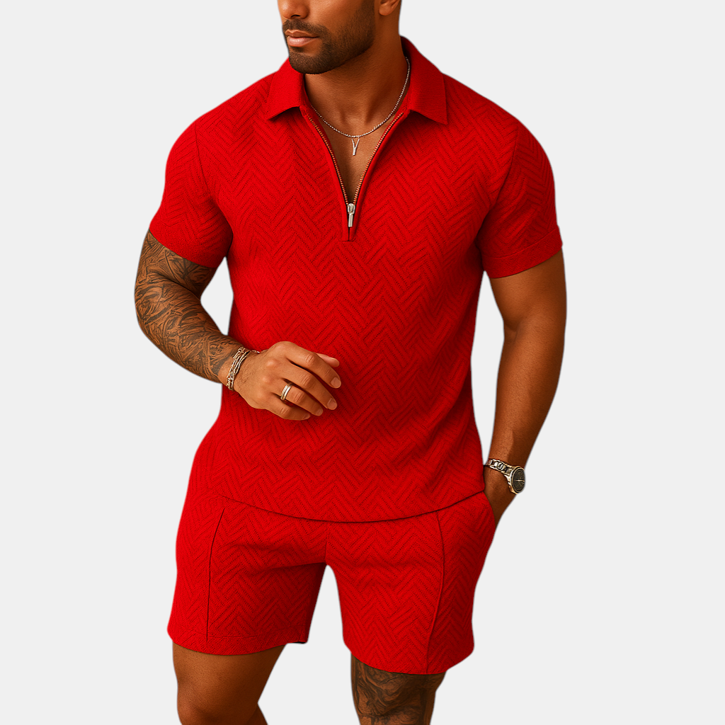 Heren zomerset bestaande uit polo shirt en korte broek in diverse kleuren, perfect voor strand, vakantie en warme dagen.