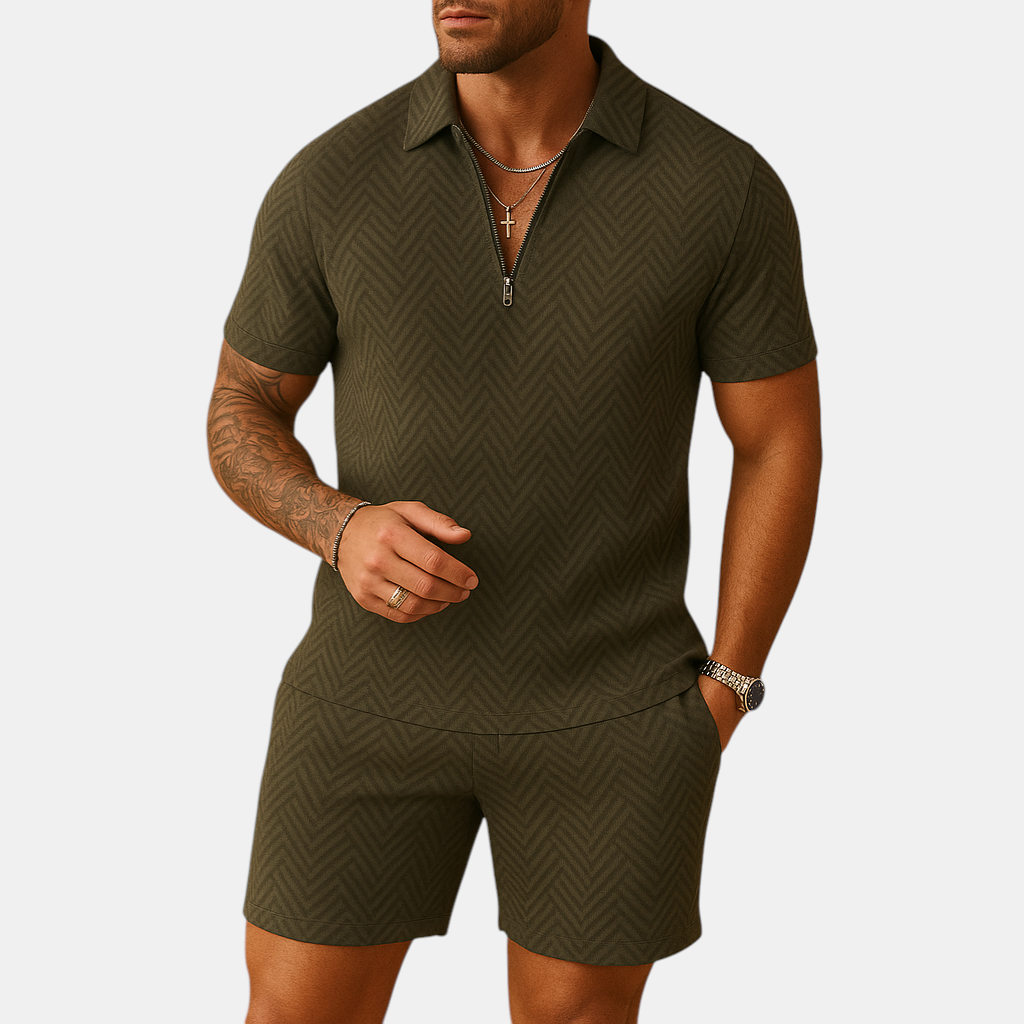 Heren zomerset bestaande uit polo shirt en korte broek in diverse kleuren, perfect voor strand, vakantie en warme dagen.