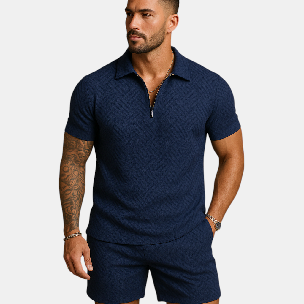 Zomerset voor heren met licht T-shirt en short met rits, ideaal voor ontspannen zomerdagen, strand en casual momenten.