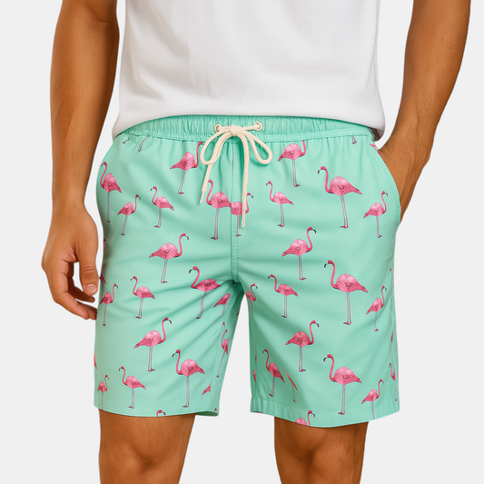 Luxury men's swim trunks with fast-drying fabric for beach days and summer activities.
